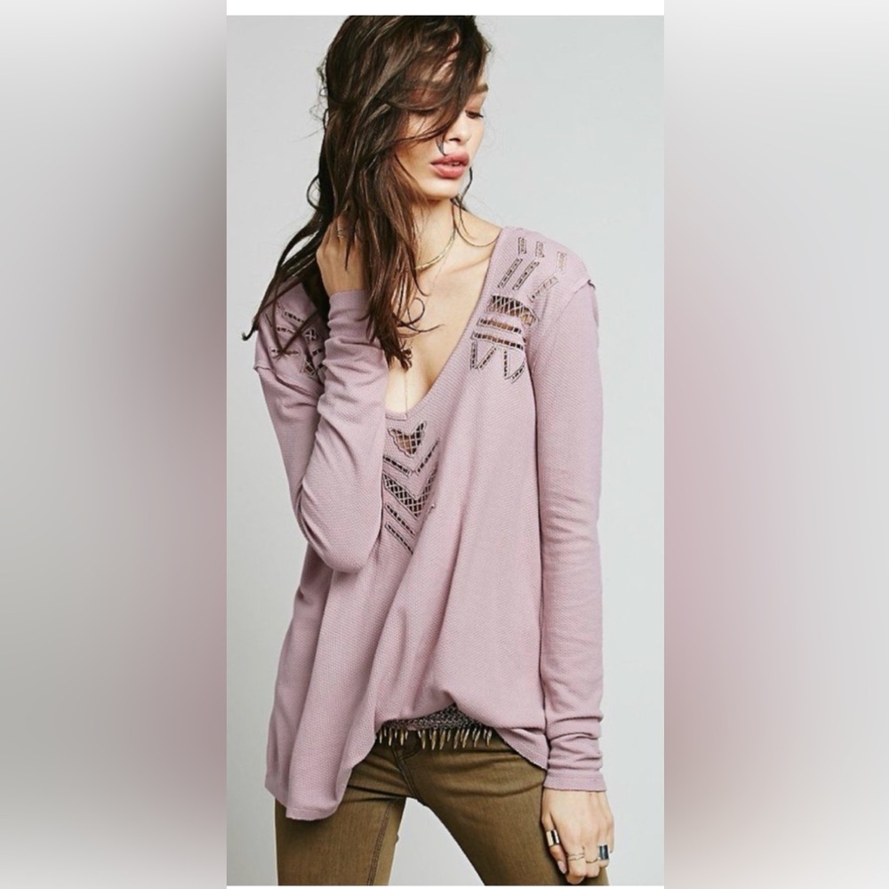 Free People Bohemian Plum Moonrise Cutwork Thermal Tunic Top Long Sleeve XS